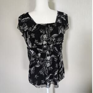 Merona Y2K Blouse Womens Junior XL‎ Floral Sheer Layered Raw Edges Black Floral